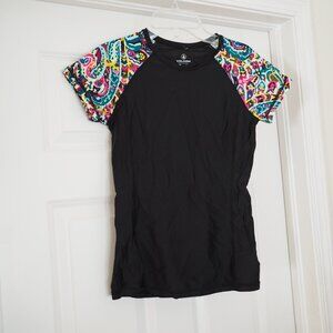 Volcom Black T-Shirt with Colorful Patterned Sleeves sz S